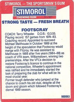 1990 AFL Scanlens Stimorol #156 Terry Wheeler Back
